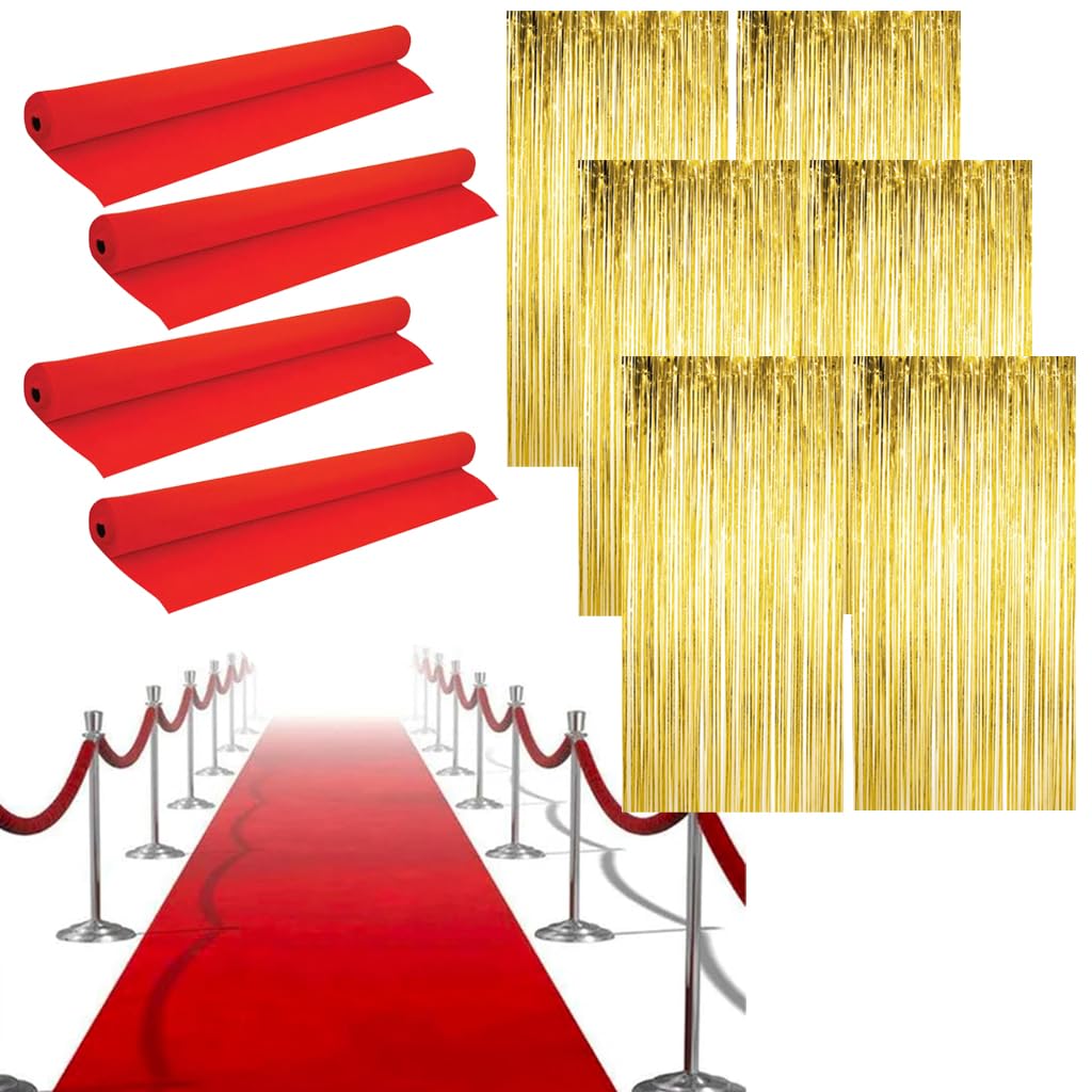 LOVETRENDS Ensemble de décoration de fête hollywoodienne – 4 tapis rouges, 6 rideaux en feuille d'or – Tapis rouge pour événements Oscar, fêtes du film Première Célébrations Décoration de fête