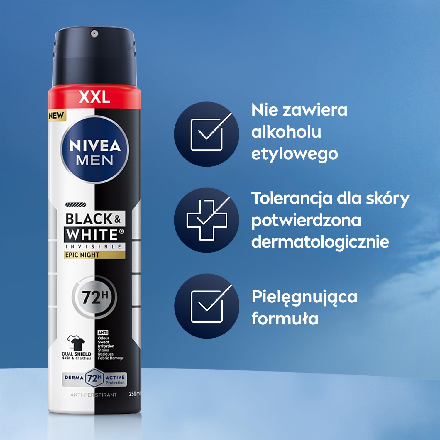 NIVEA MEN Black & White Invisible Epic Night męski antyperspirant w sprayu ochrona przed plamami, chłodzący, męski zapach, 72h świeżości 250 ml