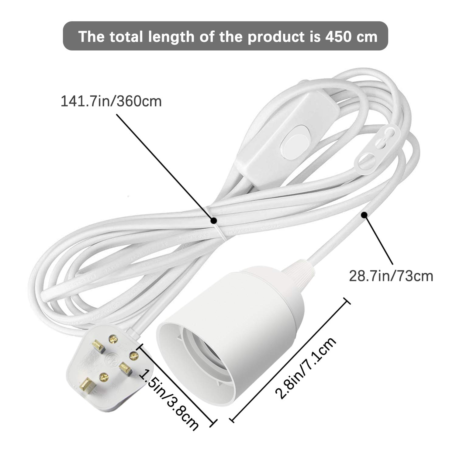 E27 Bulb Holder with Switch and Plug, 450cm Extension Suspended Pendant Light Fitting, White Plug in Pendant Lighting - Image 2