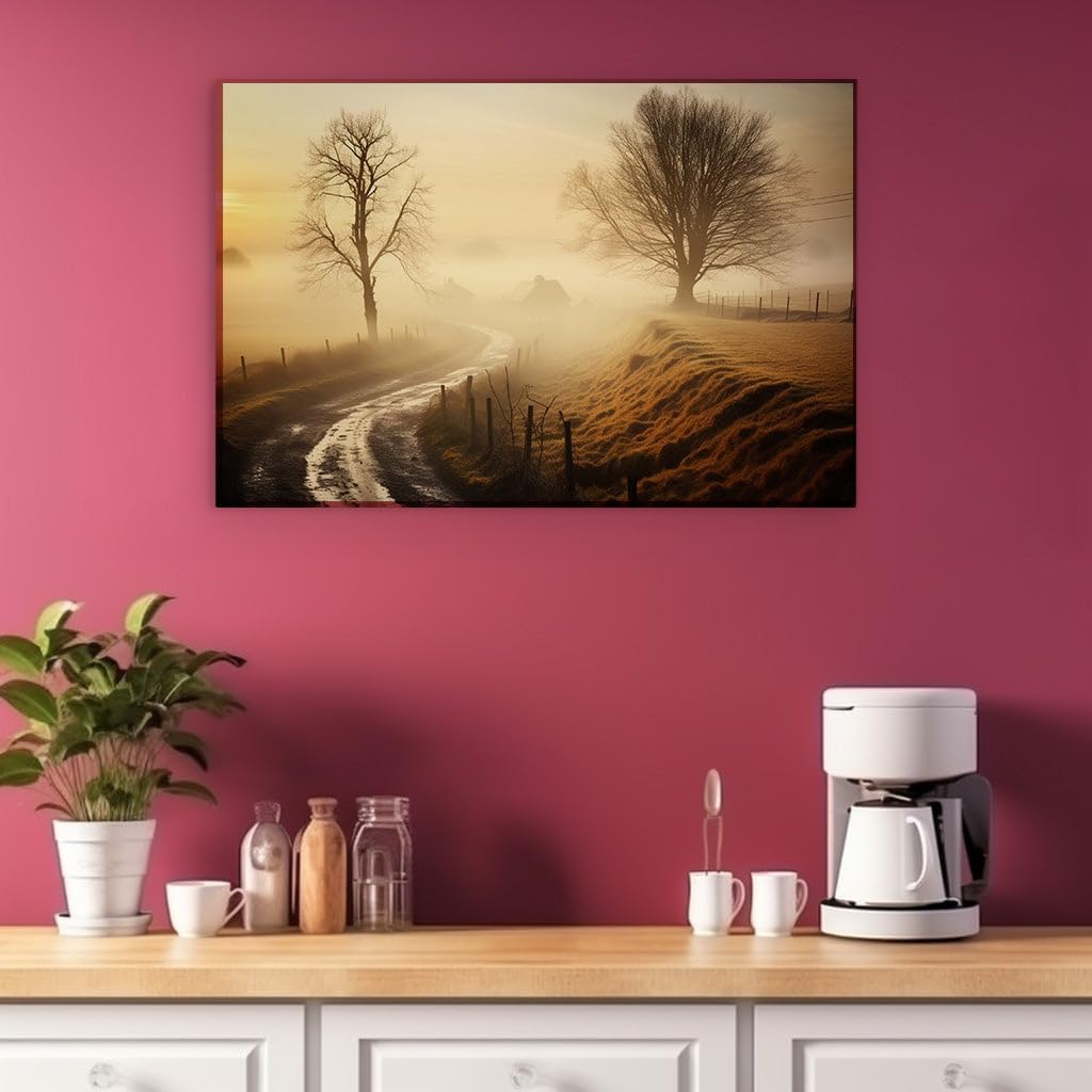 Canvas for Living room. Dawn's Serene Embrace - Tranquility Amidst Fog-Kissed Meadows and the Gentle Whisper of Rural Mornings, 27 x 18 inch Canvas Wall Art - Modern Home Decor - 69x46 cm (27x18 inch)