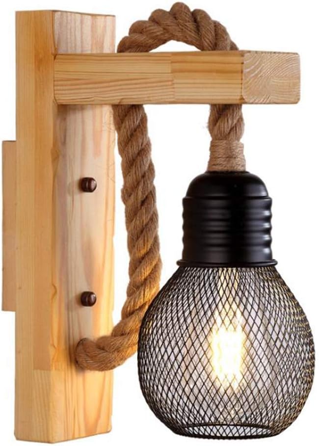 E26 E27 Industrial Style Wooden Wall Light Hemp Rope Light for Living Room Bedside Table Corridor Cafe Bar(Bulb Included)