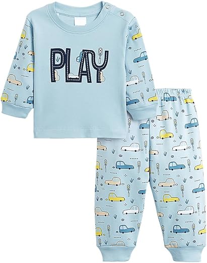 Hopscotch Baby Boys Vehicle Print Full Sleeves Blue Sleepwear Sets
