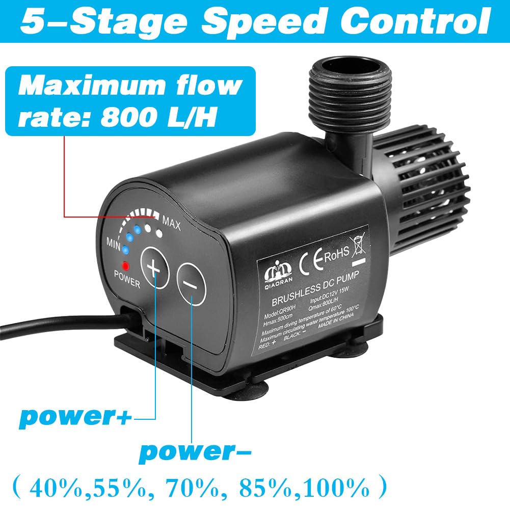 Mini pompe à eau 12 V 800 l/h avec réglage de la vitesse de rotation à 5 vitesses, hauteur de refoulement de 5 m, pompe à bassin, aquarium, pompe à fontaine, mini pompe d'aquarium