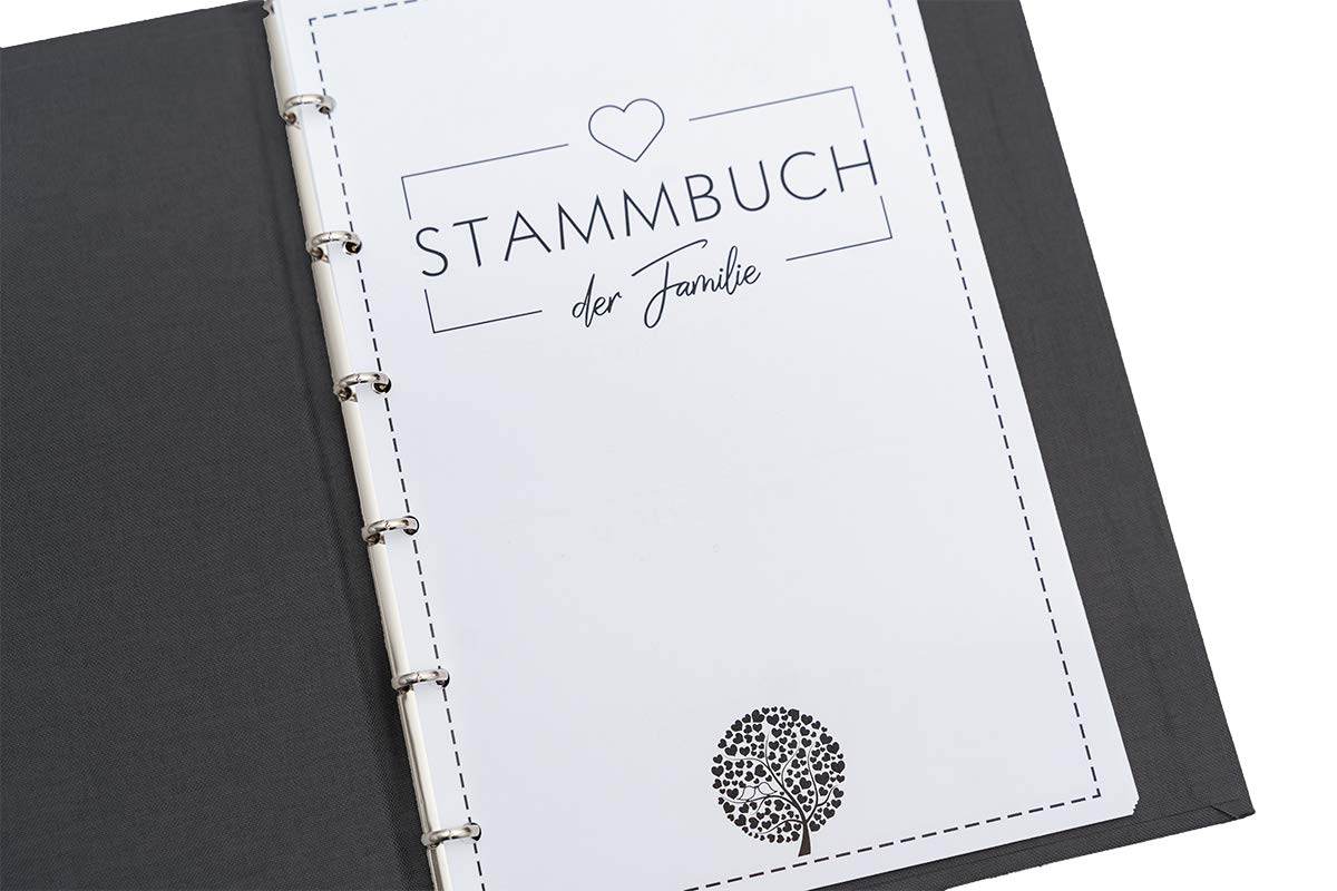 Hochzeitideal – Personalisiertes Stammbuch der Familie Ally grau - 21,0 cm x 15,0 cm - Buchbinderleinen Stammbuch Hochzeit - Familienbuch Standesamt mit 6-Fach Ringmechanik und 4 Folien
