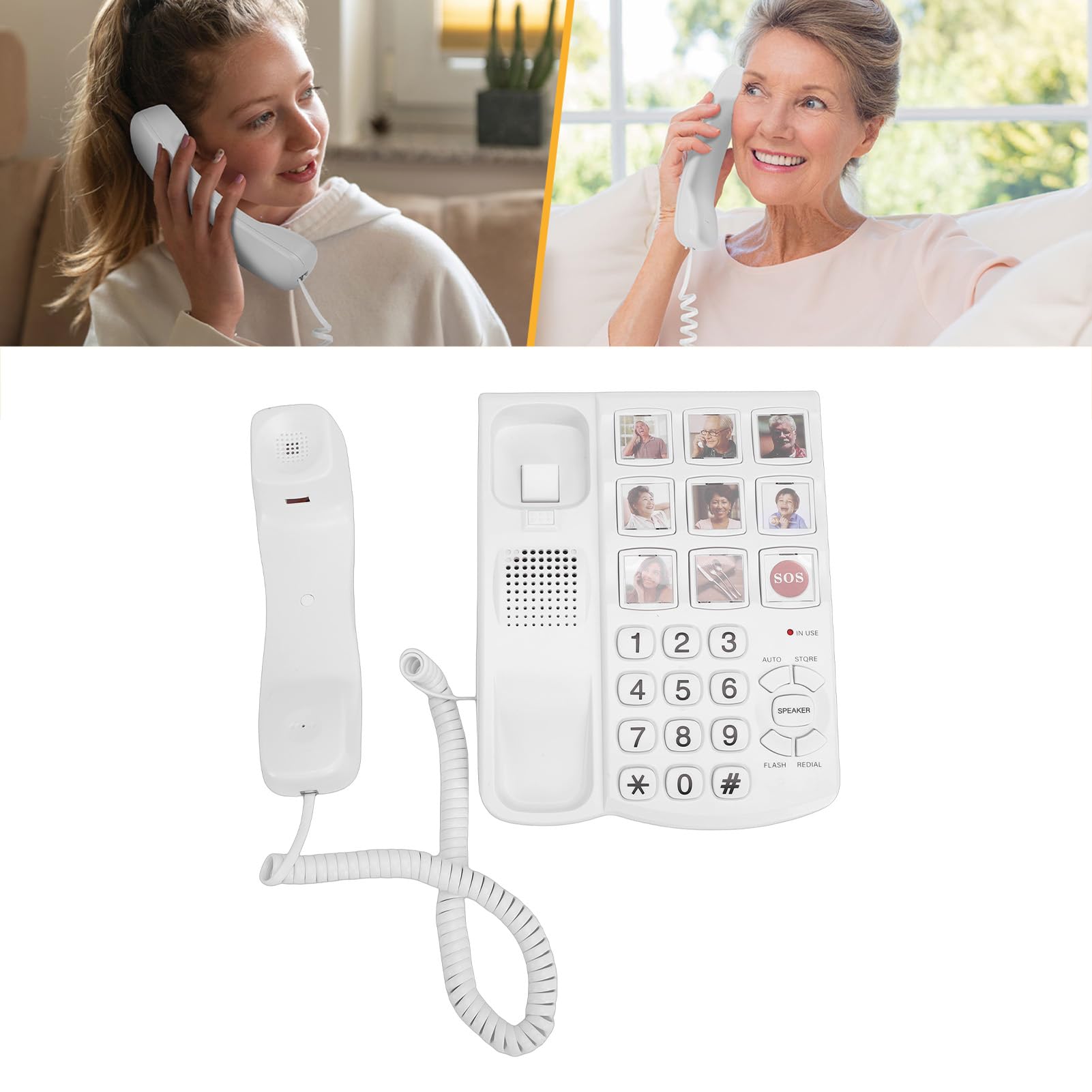 Denash Telefon Stacjonarny Przewodowy z Dużymi Przyciskami dla Seniorów | Regulowana głośność, 9 przycisków szybkiego wybierania, ponowne wybieranie numeru SOS, prowadzenie rozmów w trybie