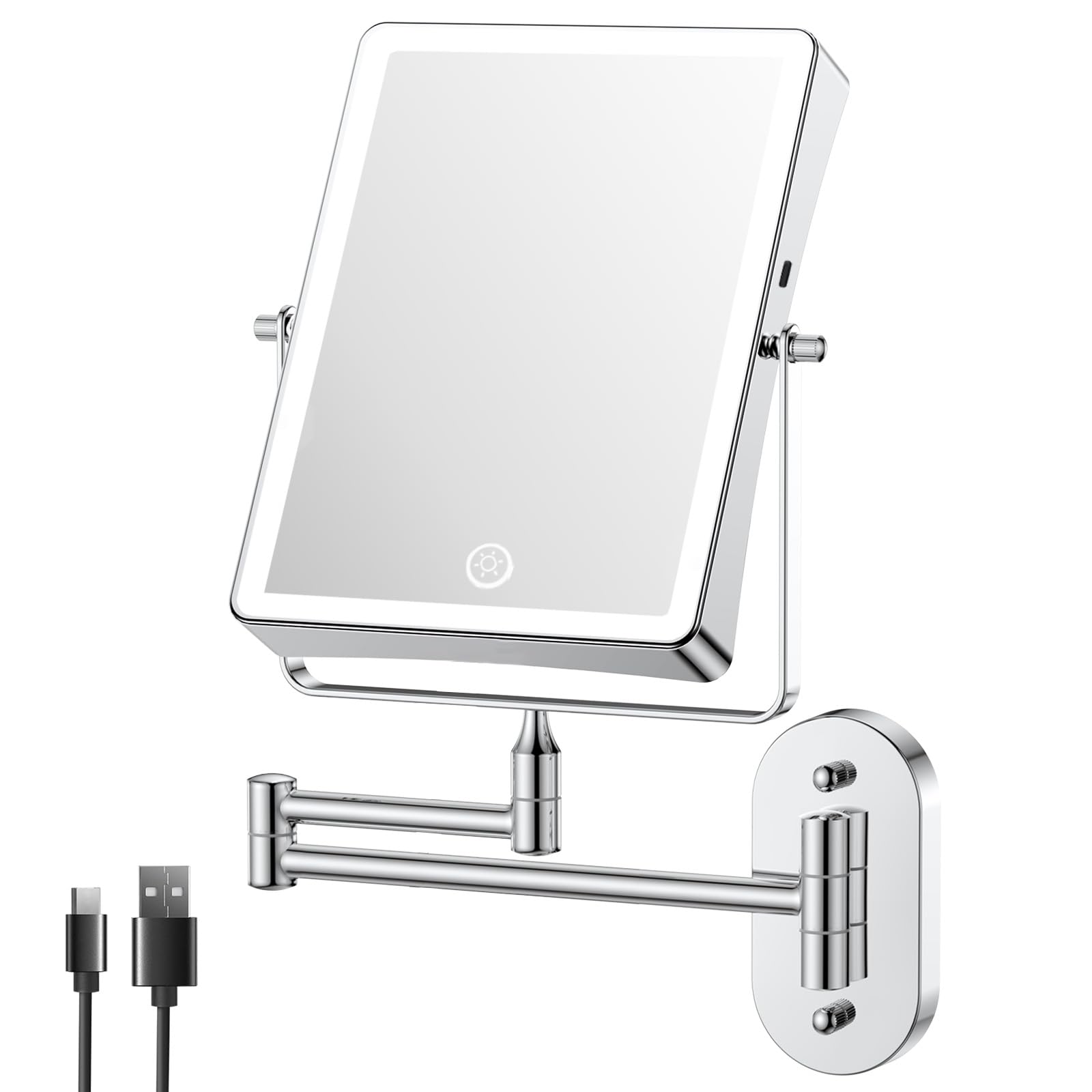 FASCINATE Specchio cosmetico ricaricabile con ingrandimento 1X/10X, 3 luci dimmerabili, touch screen, girevole 360°, montaggio a parete, specchio per il trucco