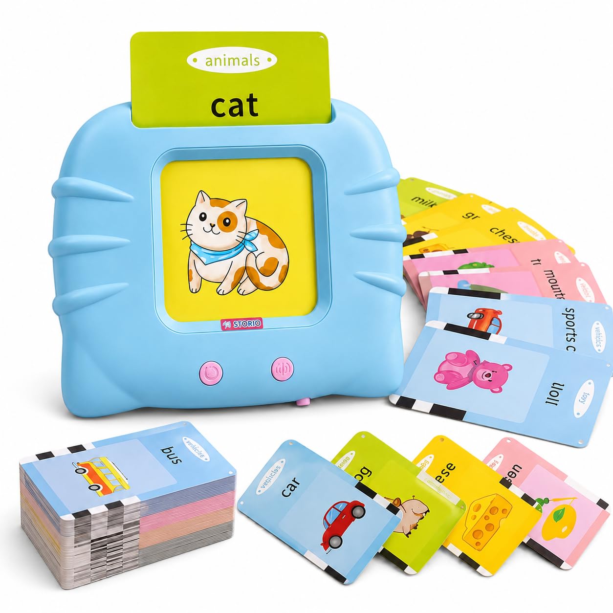 Storio Montessori Talking Flash Cards for Kids 2-5 Years | Rechargeable Educational Learning Toy for Toddlers | Cognitive Skill Builder for Boys & Girls | Sound Flashcard Device for Babies