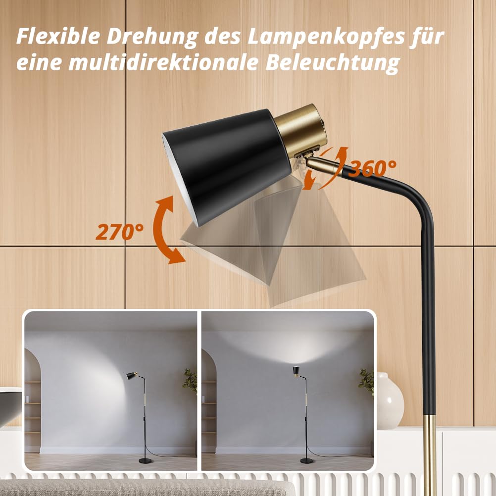 OUSFOT Leselampe Stehlampe Wohnzimmer mit Höhe 146cm 230V E27 Max 40W Retro Stehleuchte mit Metall Lampenshirm Leselampe für Büro, Schlafzimmer (ohne Glühbirnen) Schwarz