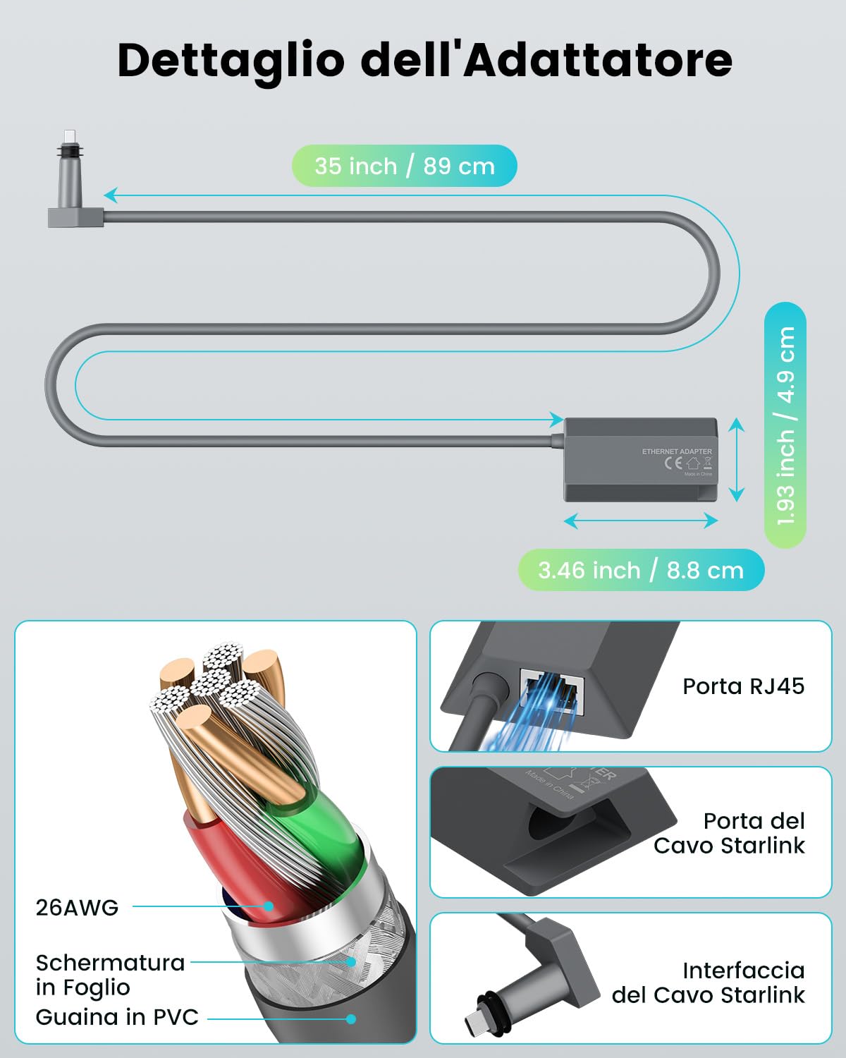 Mwin Adattatore Ethernet per Starlink Gen 2 - Accessori Starlink per Kit Internet Satellitare V2, Adattatore Ethernet Powerline per Rete Esterna Cablata Veloce e Stabile, Lunghezza del Cavo: 89 cm