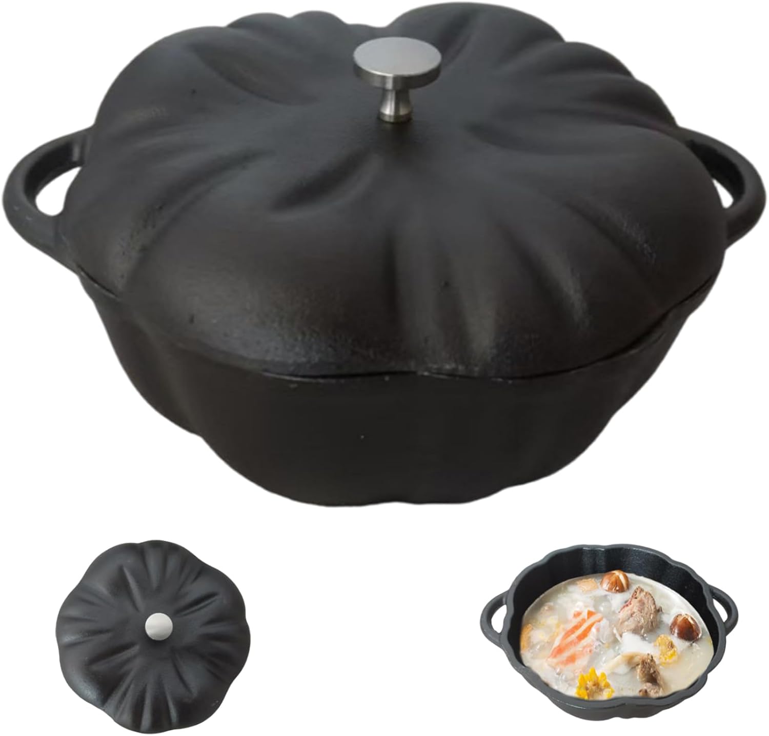 Pumpkin Dutch Oven, 6.3 Inch Cast Iron Cauldron with Lid Handles for Home Dining Room