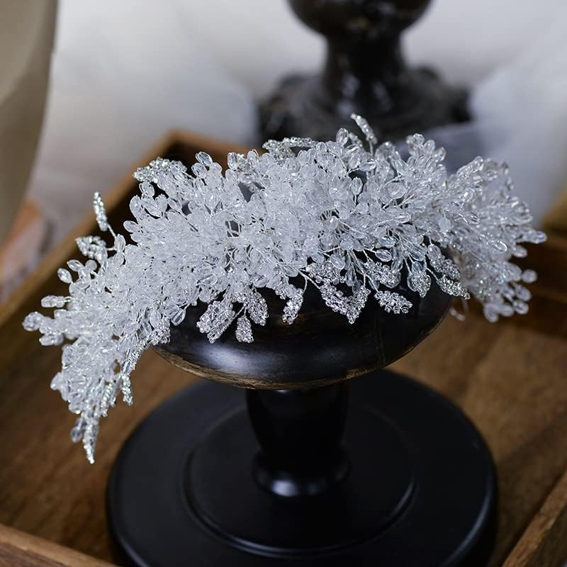 クリスタルウェディングクラウン ホワイトクリスタルティアラ ハンドメイドヘッドバンド ビーズクラウン ヘアオーナメント ブライダルウ