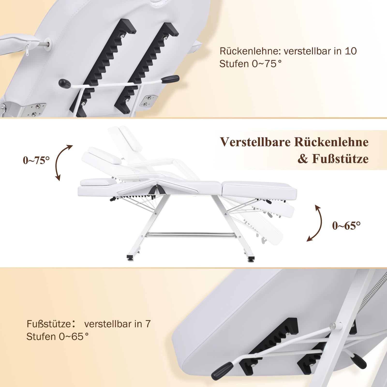 Kosmetikliege 3 Einstellbare Abschnitte Schönheitsbett, Ergonomische Massageliege mit Verstellbare Rückenlehne & Fußstütze, Robuste Tattooliege bis 150 kg Ideal für Kosmet, Spa & Therapien (Weiß)