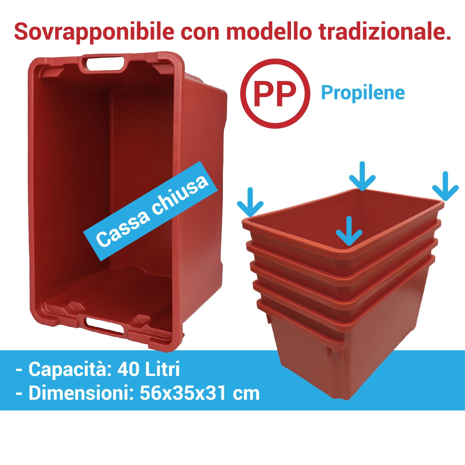 Crisalide Cassette Agricole Impilabili 40 L Plastica Alimentare 56x35x31 cm