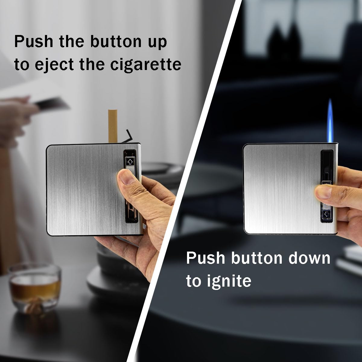 automatic ejection butane lighter cigarette case with Lighter, Torch USB Rechargeable 2 in 1, Cigarettes Box Holder for 20pcs 84mm King Size (Black) : Health & Household up cigaratte once you slide up the button Cigarette Case with Lighter, Cigarette