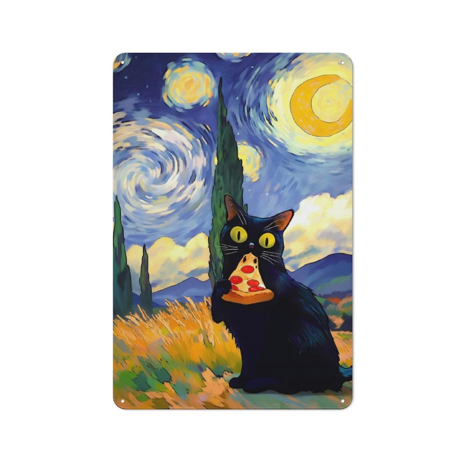 Junmoney Black Cat Eating Pizza Starry Night Metal Wall Sign 30X20cm, Retro Decor For Hallway Wall, For Wall Display Collectors