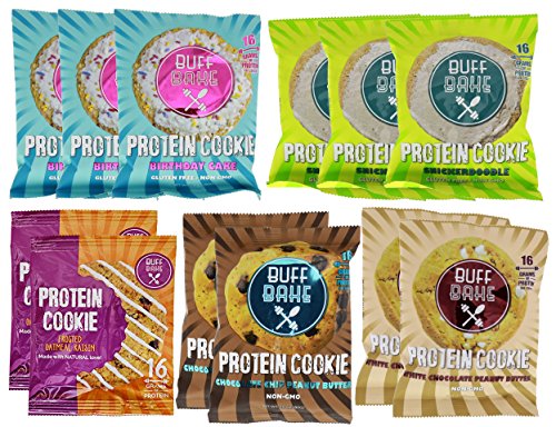Buff Bake High Protein Cookie Sample Pack (3- Birthday, 3- Snickerdoodle, 2- Frost Oat Raisin, 2- Choc Chip PB, 2- White Choc PB)