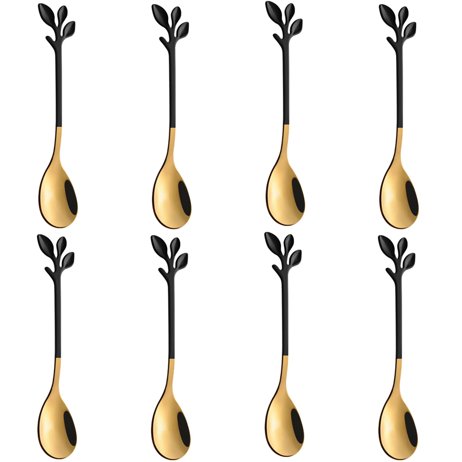 AnSaw Juego de soporte para cucharas de postre pequeñas, base de cisne negro con 8 cucharas de espresso Demitasse negro y dorado, cuchara de café de 4.7 pulgadas, cucharas de té de acero inoxidable