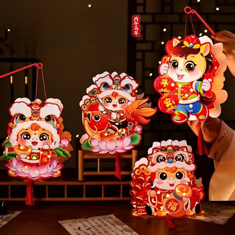 Image of 3pcs Cute Horse DIY Paper Hand-held Lantern Chinese New Year 2026 Festival Lantern Traditional Festival Home Holiday Decoration
