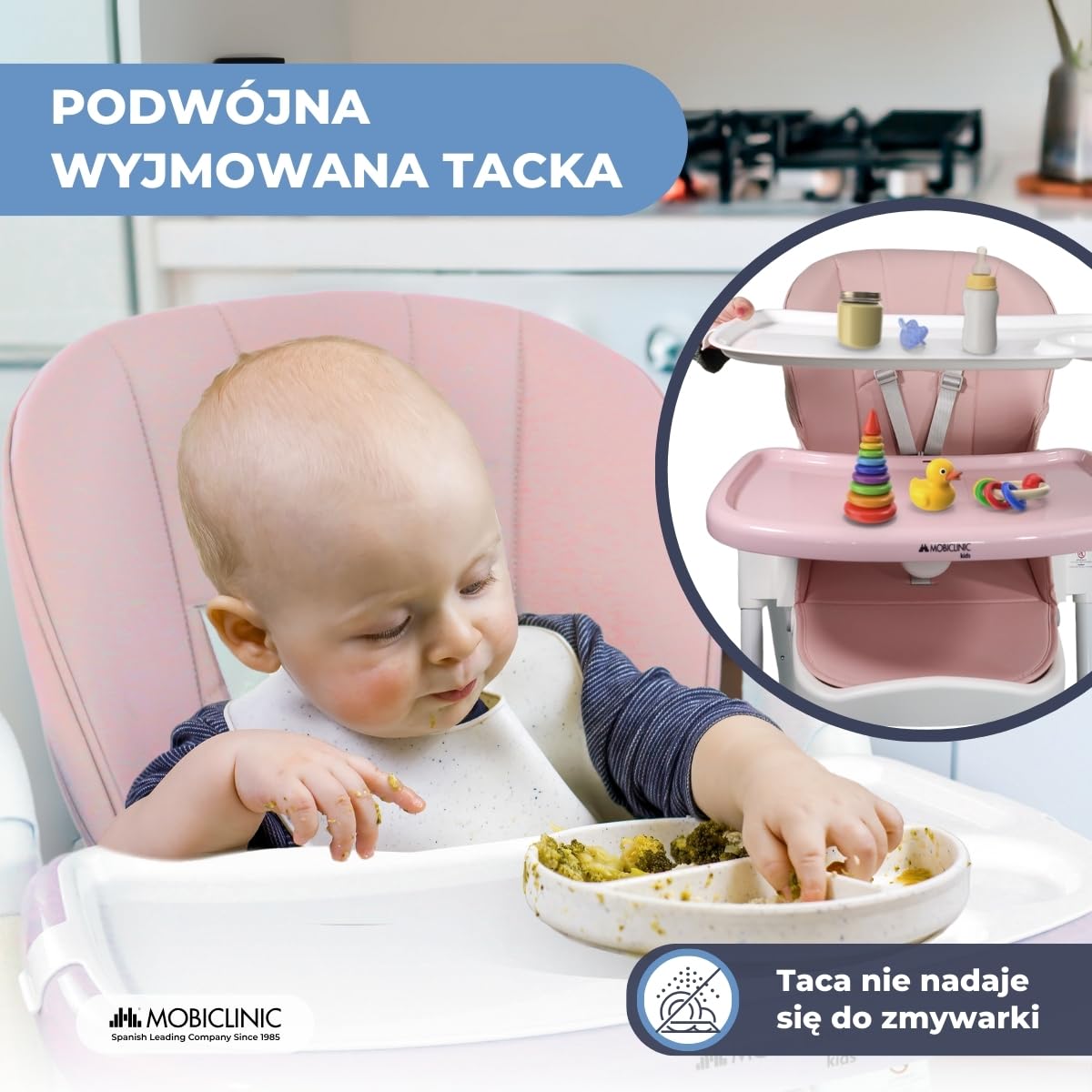 Mobiclinic®, Wysokie krzesełko dla dziecka, Evolutive, Dodatkowe składanie, Możliwość przekształcenia w krzesełko, Simba, 5-punktowe, Kółka z hamulcami, Podwójna wyjmowana tacka