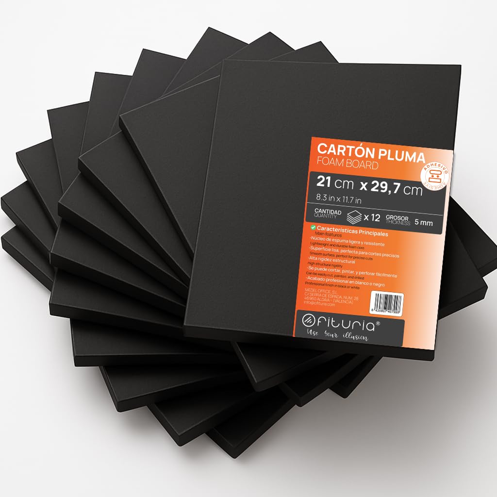 OFITURIA Foam Board Black A4 Adhesive (21 x 29.7 cm) Pack of 12 Expanded Polystyrene Plates Lightweight and Rigid Foam Board Versatile and Cuttable for Crafts and Models, 5 mm
