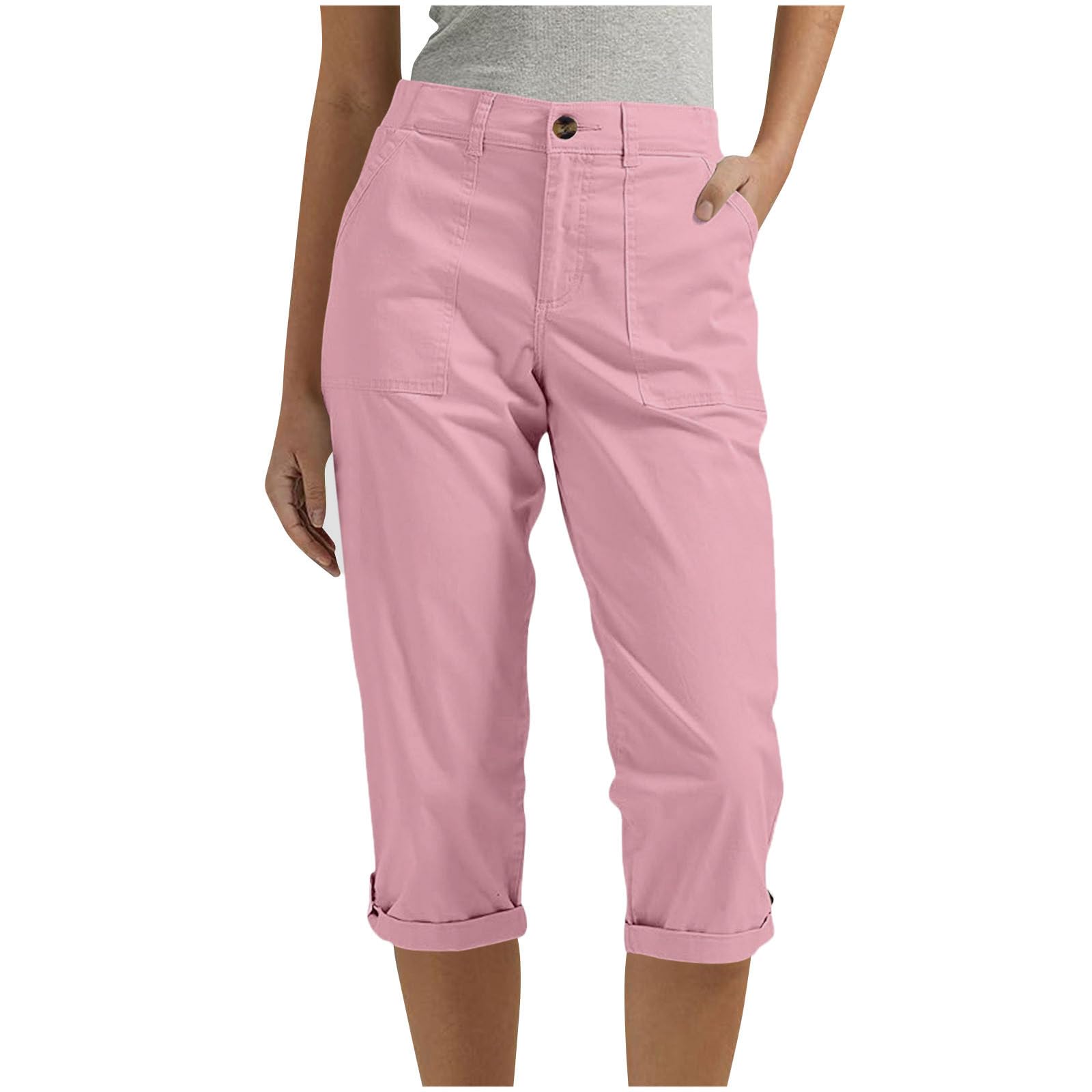 Cargo Pants for Women Summer Casual Capri Pants Dressy Workout Cropped Joggers with Pockets Trendy Loose Work Pants(Pink,Small)