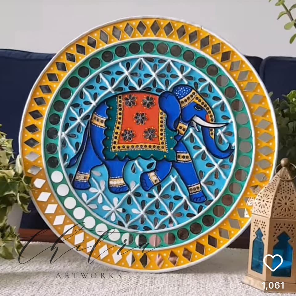 Chitra Artworks Handmade Mud Mirror Wall Painting – Traditional Lippan Art for Home Decor | 12x12 Inch Round Decorative Unframed Blue Wall Hanging | Ethnic Handcrafted Mirror Art Piece