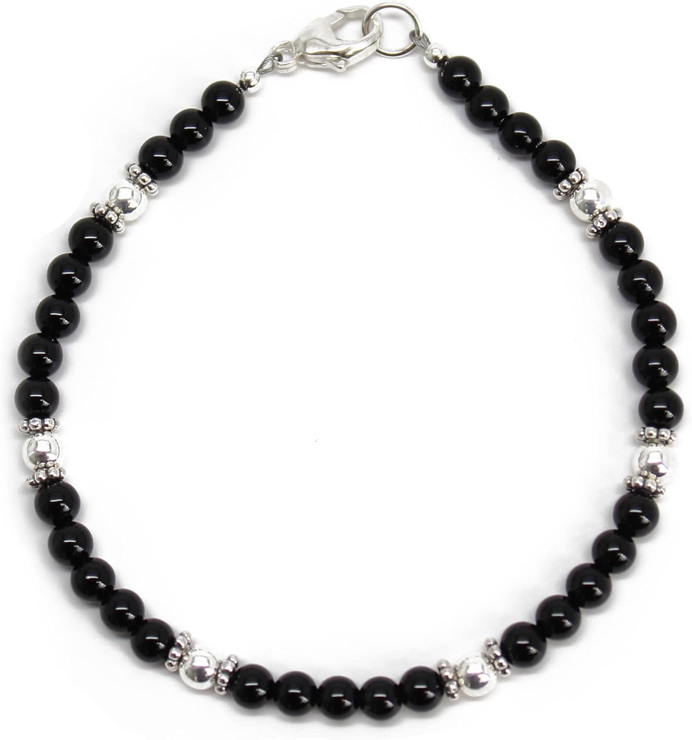 Handmade Black Onyx and Sterling Silver Bead Bracelet, Small 4mm Black and Silver Beaded Bracelet