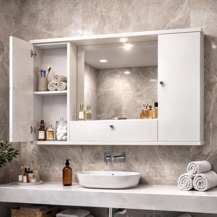 Design Elegante e Moderno: Disponibile in Bianco frassinato, Olmo e Cemento, si integra perfettamente in qualsiasi stile di arredamento del bagno.
