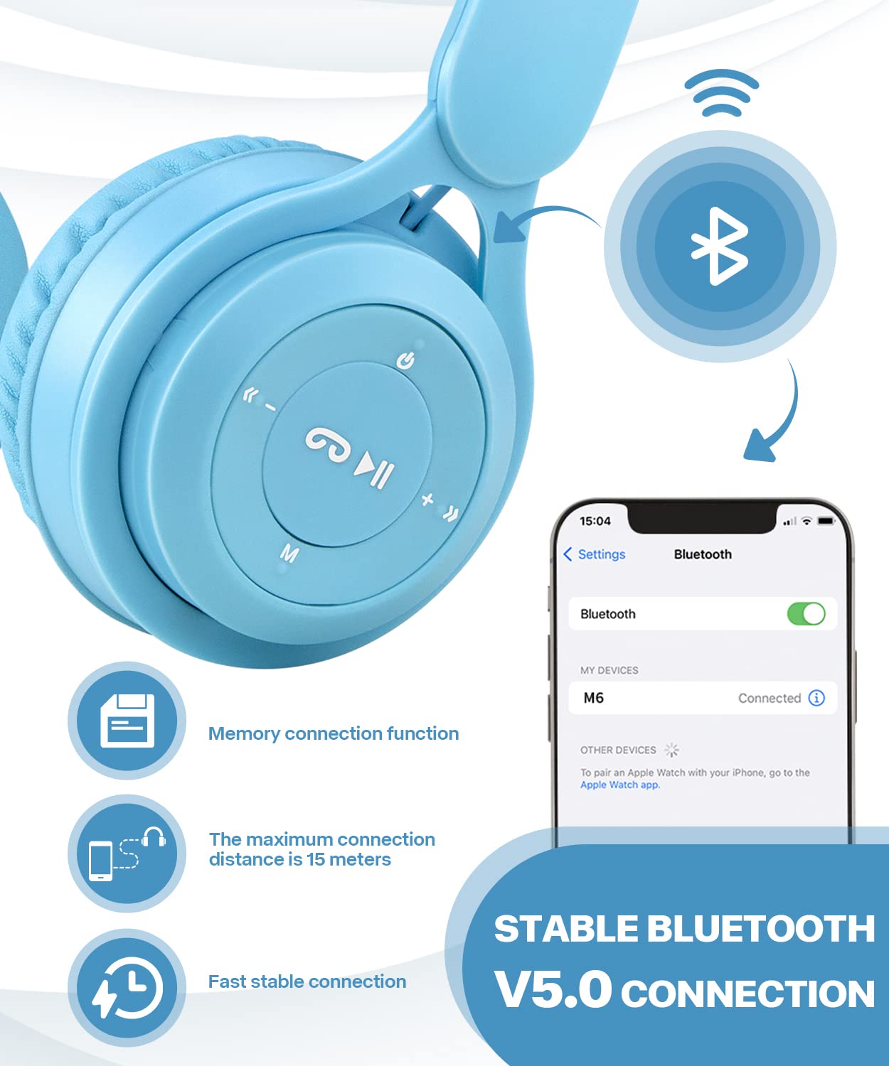 Kids Bluetooth Headphones, On Ear Wireless Headsets for Children with Built-in Microphone, Foldable Stereo Detachable Aux 3.5mm Cord, Kids Headphones for Boys Girls School iPad Tablet (Blue)