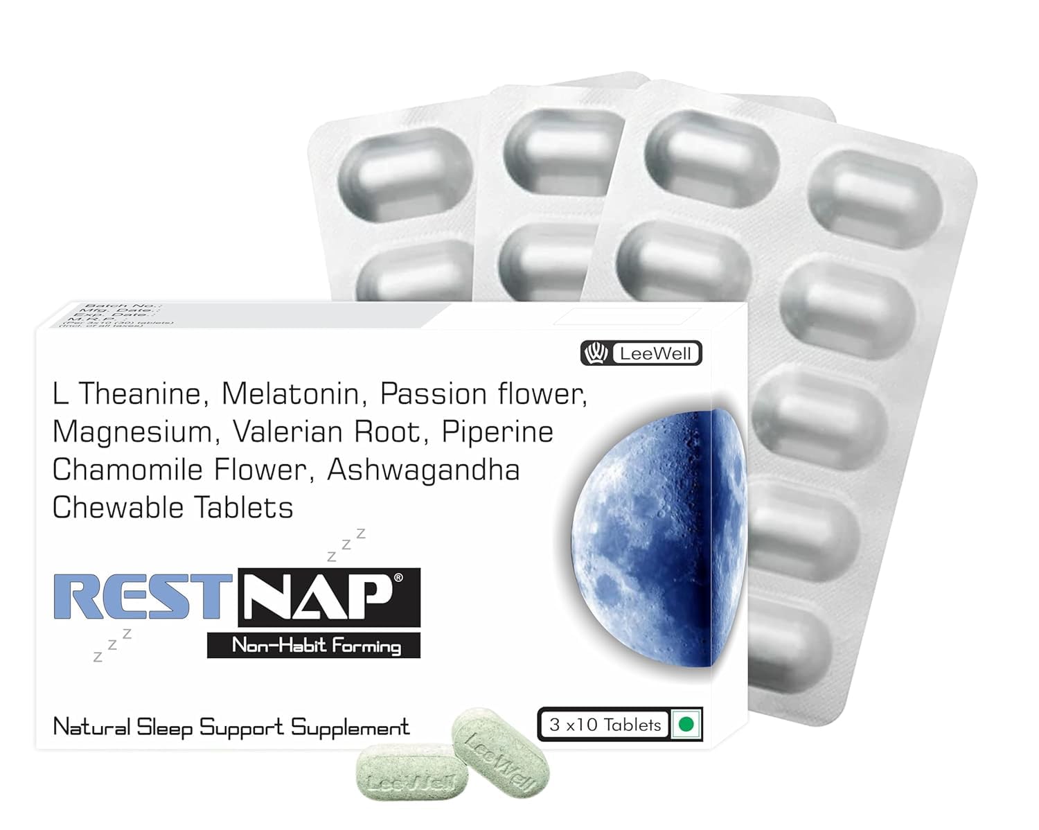 Restnap Chewable Tablets with Melatonin, Magnesium, Ashwagandha, L Theanine, Passion flower, Valerian Root, Chamomile Extract, and Piperine - 30 Tablets-image-20