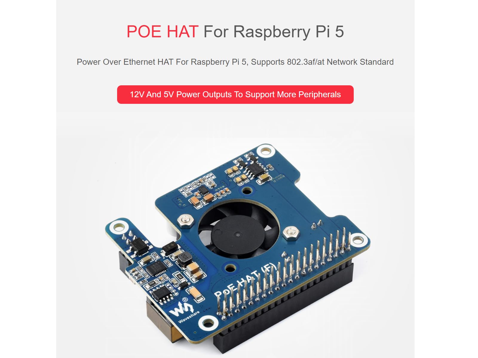 POE Hat (F) for Raspberry Pi 5, 802.3af/at-Compliant, Power Over Ethernet Hat Expansion Board for Raspberry Pi 5, with Metal Heatsink,Onboard Cooling Fan