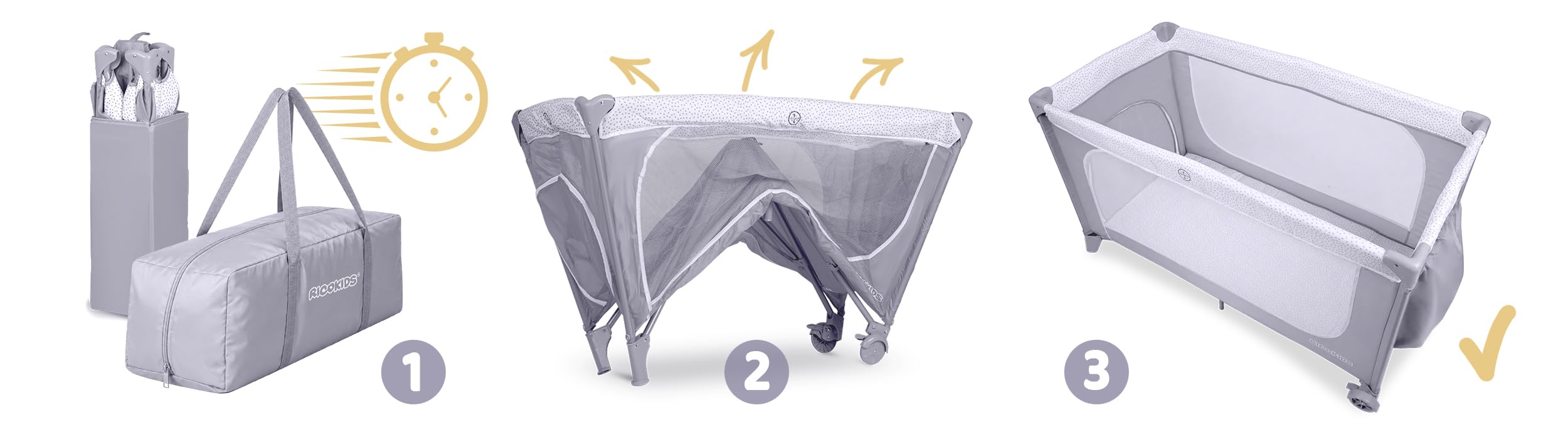 Ricokids Łóżeczko turystyczne dla niemowląt z materacem 123,5 x 65 x 76 cm do 15 kg 2 koła z hamulcami Szare