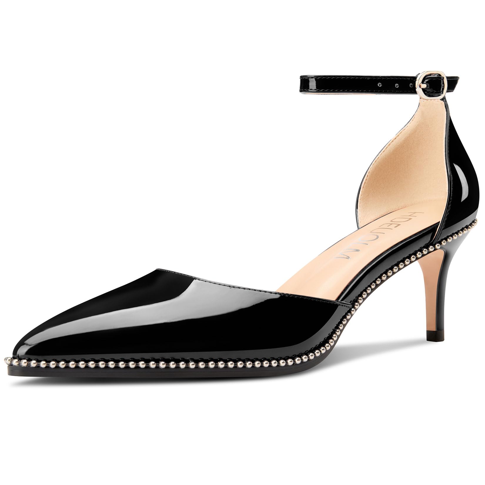 HDEUOLM Womens Mid Kitten Heel Pointed Toe Beaded Pumps Ankle Strap Two-Piece Prom Dress Patent Leather Summer 2.4 Inches Heels