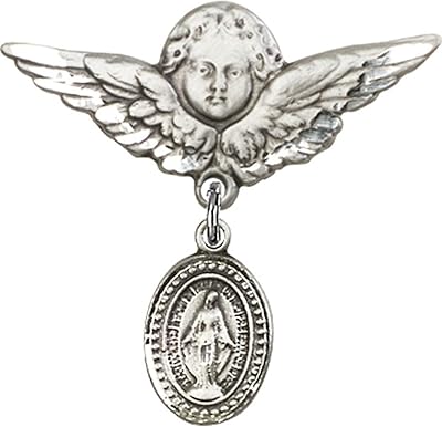 Sterling Silver Baby Badge with Miraculous Charm and Angel w/Wings Badge Pin 1 1/8 X 1 1/8 inches