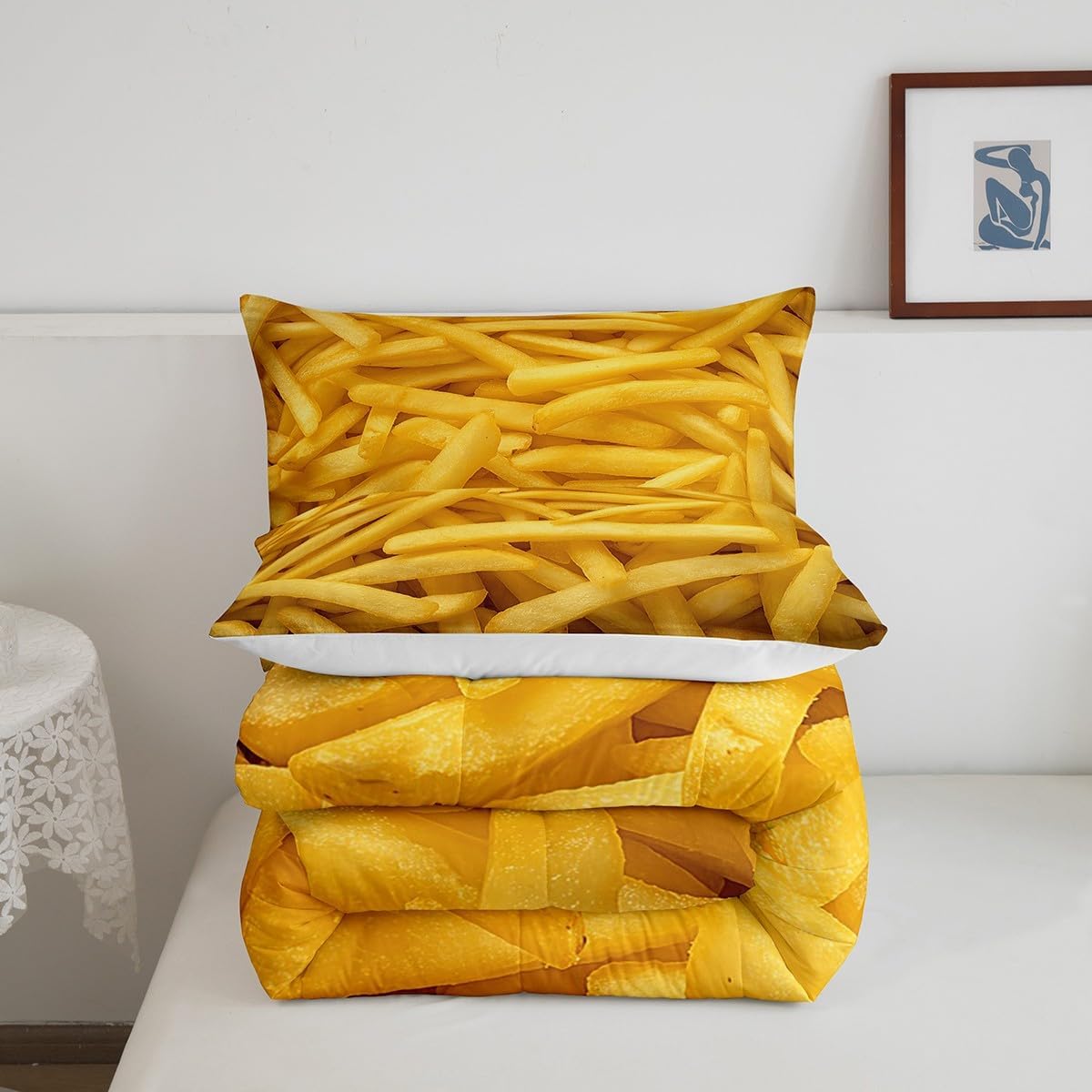 French Fries Comforter for Boys Kids Girls 3D Fast Food Comforter Set Full Size Home Decor Soft Creative Funny Bedding Set Delicious Food All Season Bedroom Down Duvet,1 Comforter with 2 Pillowcase