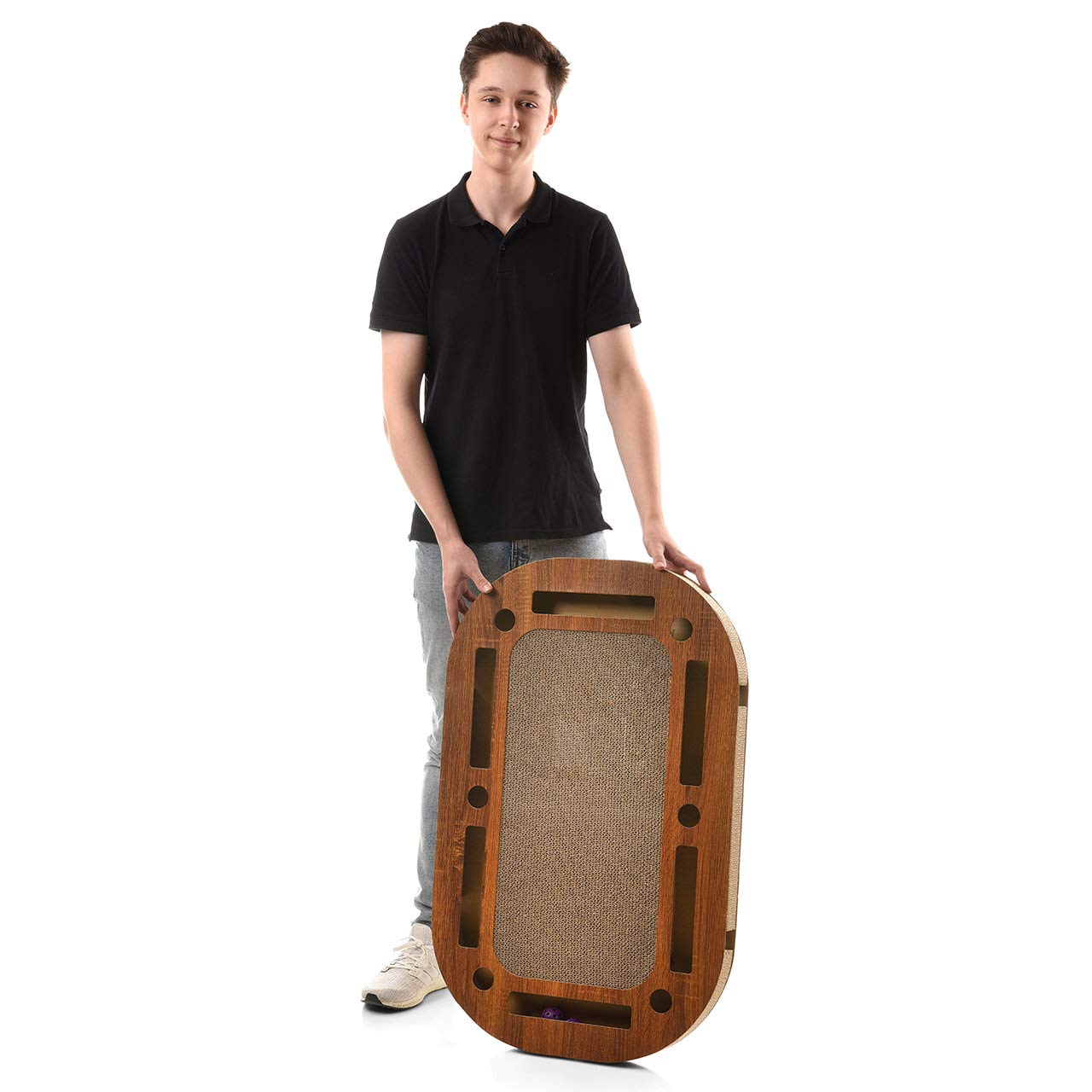 CanadianCat Company | XXL Katzenspielplatz 85 x 54 x 5,8 cm mit integrierter Kratzpappe, interaktives Katzenspielzeug Kratzbrett in Holzoptik Kratzkarton
