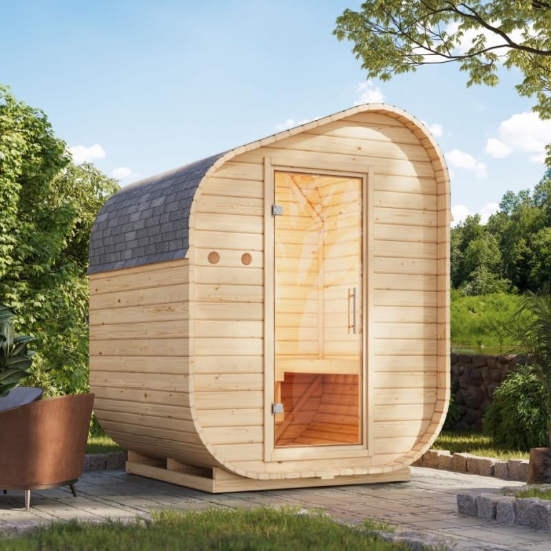 Karibu Sauna Extérieur Tonneau Asymétrique | 2-4 Places, Bois Massif Épicéa Nordique 38mm |...