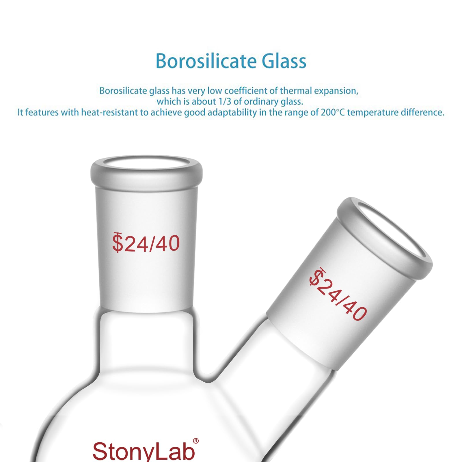 stonylab Flat Bottom Flask FBF, Heavy Wall 2-Neck Lab Flask Borosilicate Glass Flat Bottom Boiling Flask with 24/40 Standard Joint, 100 ml — Amazon image 4