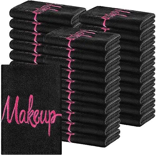 Preboun 96 Pack Makeup Remover Cloths, 13 x 13 Inch Makeup Towels Bulk Soft Microfiber Face Towels Reusable Makeup Washcloths with Makeup Embroidery for Women Skin Holiday Gifts (Black)