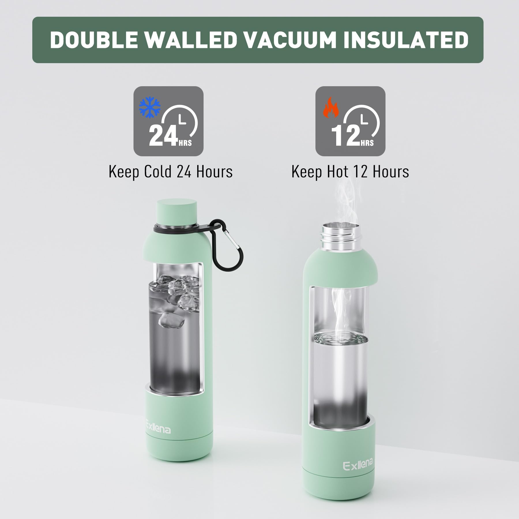 Exllena Borraccia Termica 1 Litro - Bottiglia Termica Doppio Vuoto Mantenere Calore/Freddo - Senza BPA - 100% A Tenuta Stagna con Anello per Tote (Menta)