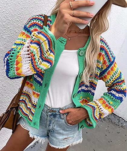 Image of xxxiticat Women's Rainbow Knitted Cardigan Sweater Long Sleeve Multicolor Striped Sweater Jumpers Open Front Jacket
