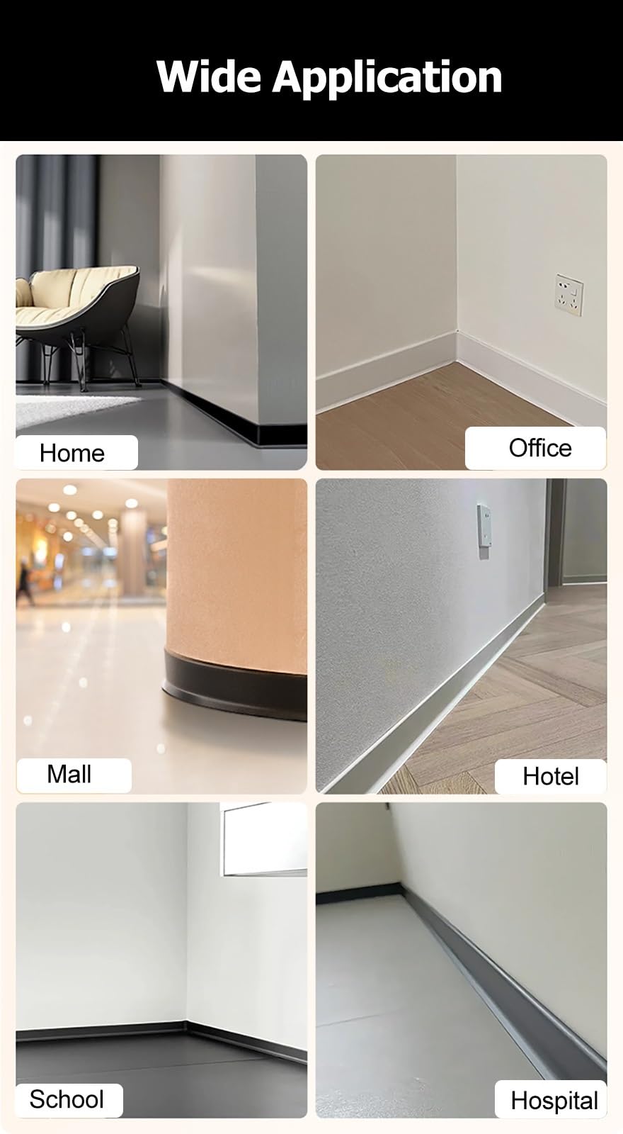 Battiscopa Modanatura per battiscopa con base a muro in PVC impermeabile nero per ufficio domestico, Modanatura per base a muro autoadesiva flessibile con design stacca e incolla, facile da installare
