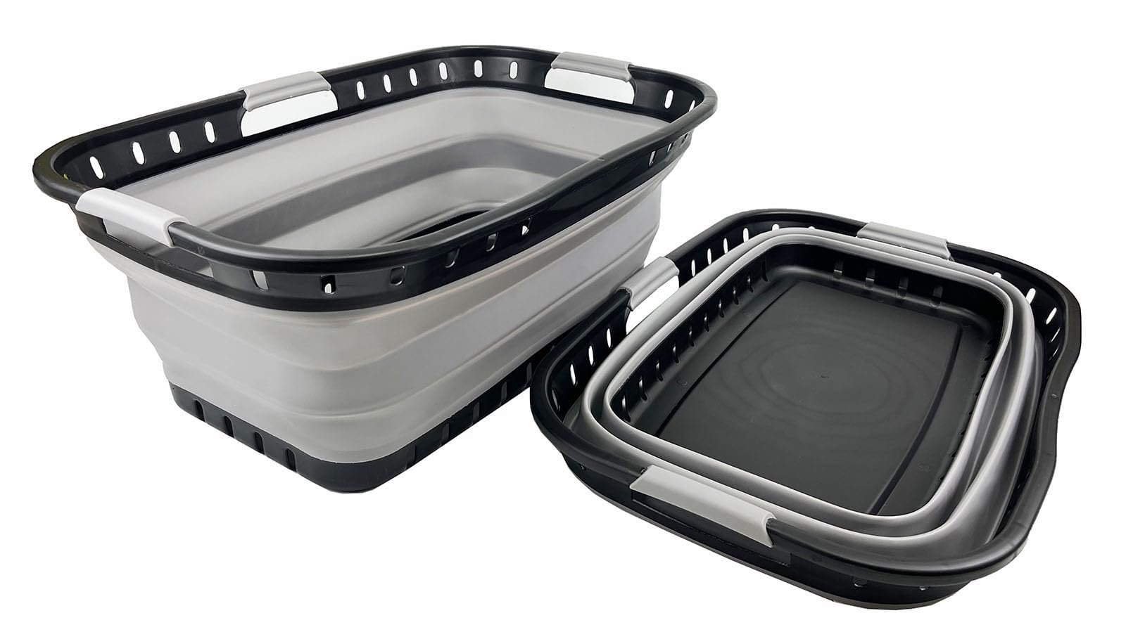 SAMMART 44L Zusammenklappbarer Kunststoff-Wäschekorb – Faltbarer Pop-Up-Aufbewahrungsbehälter–Tragbare Waschwanne–Platzsparender Wäschekorb, Wasserkapazität: 35L (Schwarz/Grau (2er-Set))