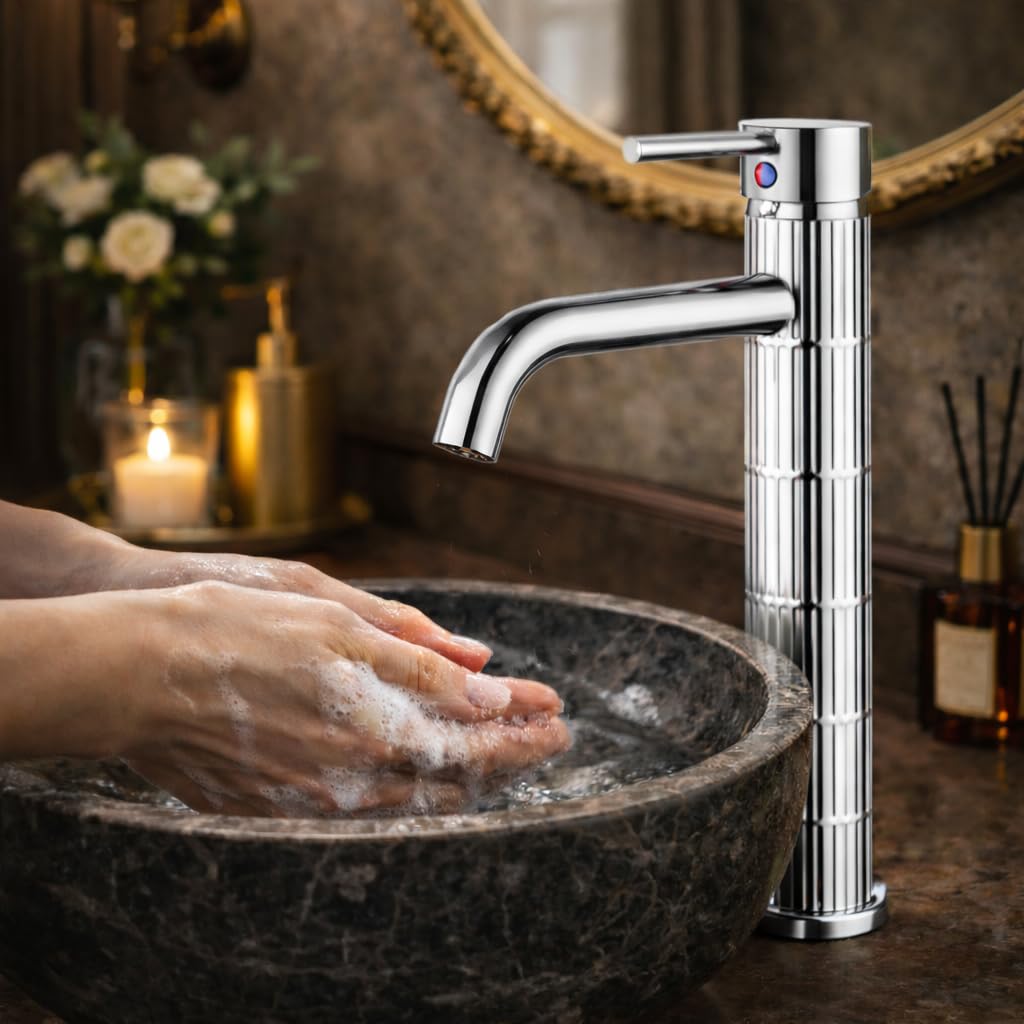 Grifo de lavabo alto monomando con cuerpo de latón, mezclador para lavabo sobre encimera, acabado cromado, cartucho cerámico duradero (Cromado, Alto) — view 6