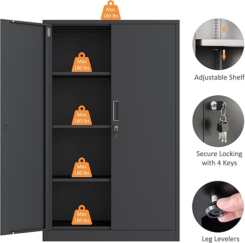Miniatura 5 de Metal Storage Cabinet with Locking Doors and 3 Adjustable Shelves, 53.5-Inch Lockable Storage Cabinets for Home Office Garage Kitchen Pantry (Black)