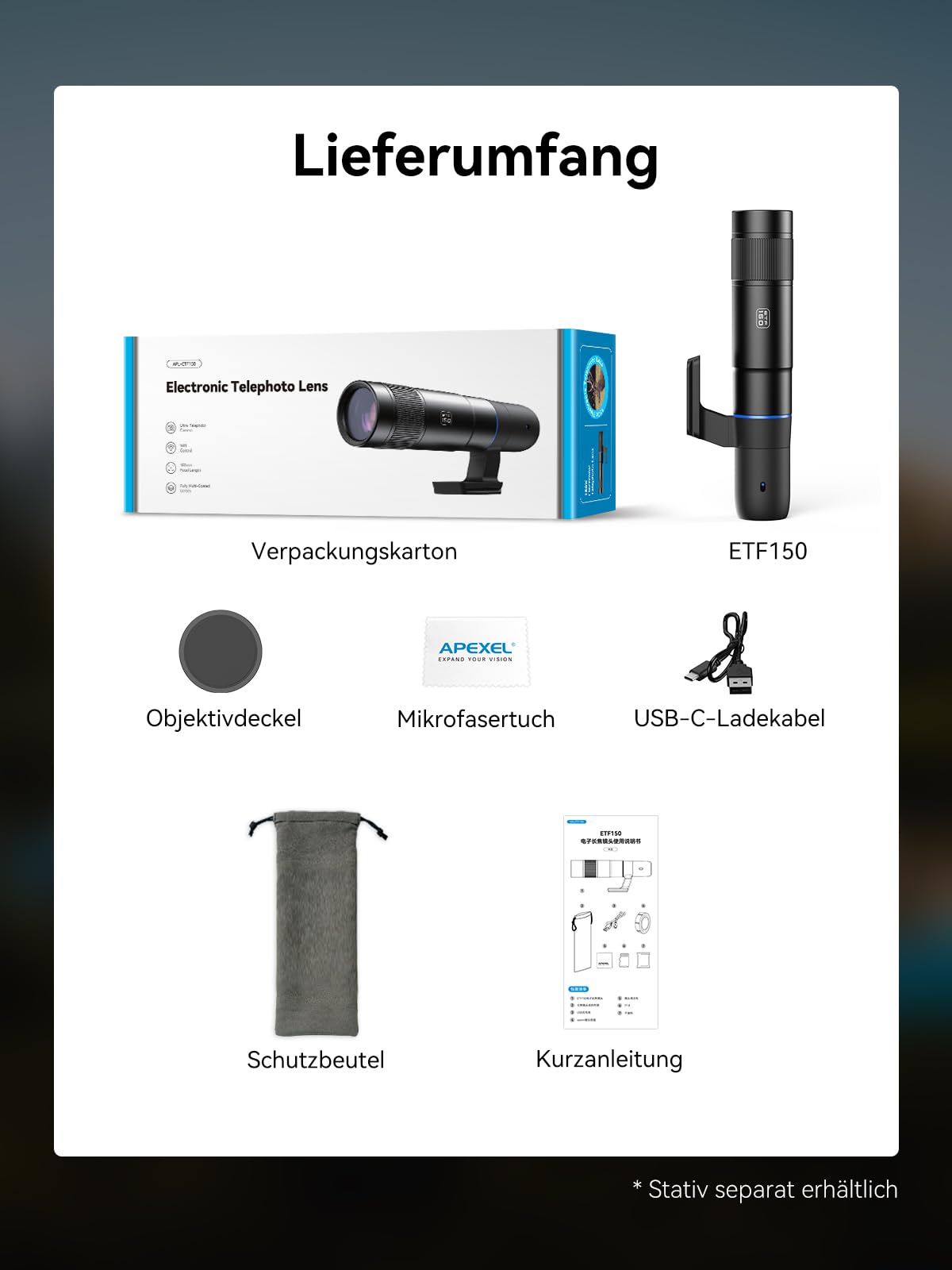 APEXEL 45X Hochleistungs-Objektiv für Smartphones, Digitale Drahtlose Telefonkamera mit APP-Steuerung, Tragbares Teleskop für Vogelbeobachtung, Wildlife, Reisen, Sport