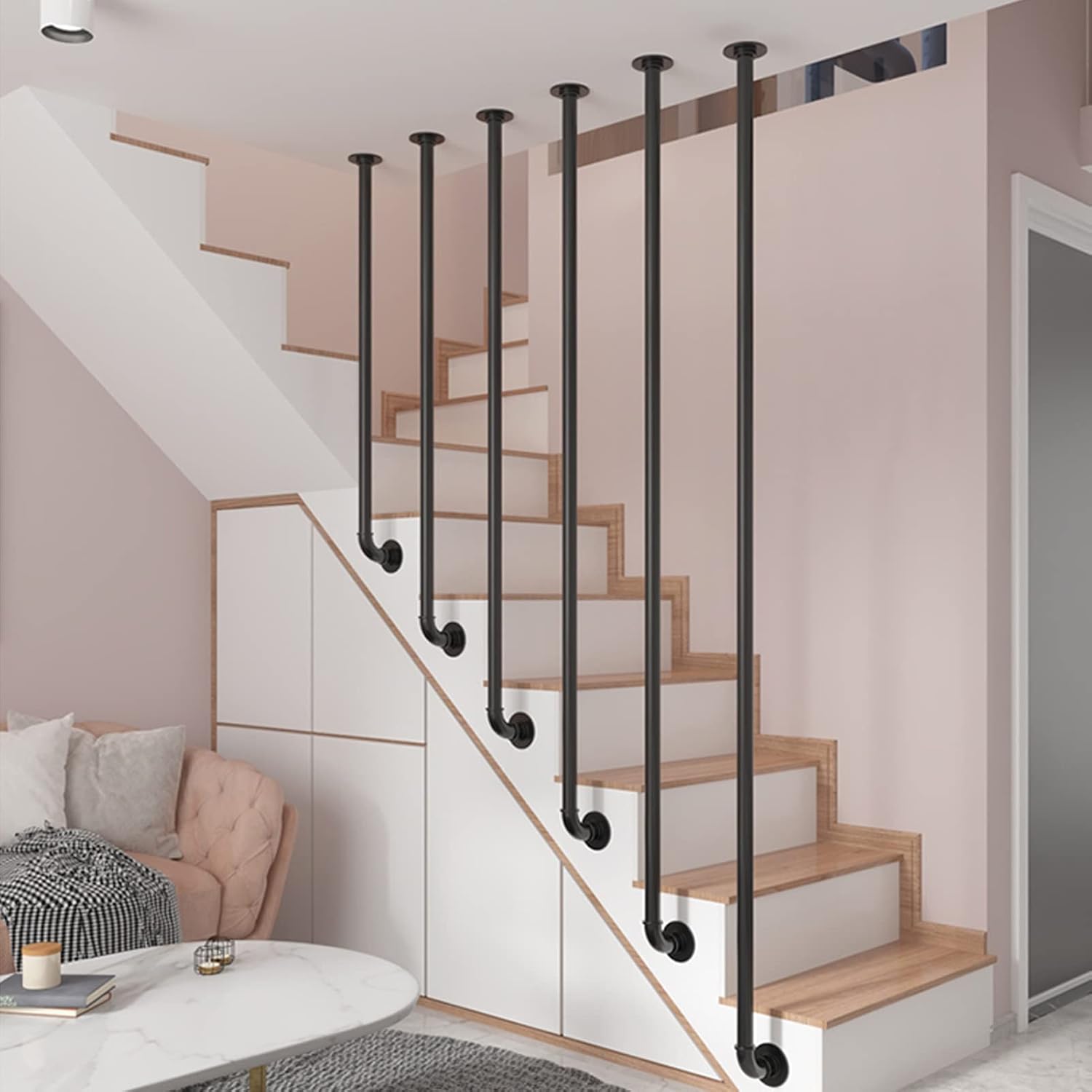 Metal Transitional Handrail Wrought Iron Balustrade Posts | Stair Railing Handrail Fence Pole Handrail Garden Fencing Galvanized Pipe Decking Staircase Hand Rails, Black ( Size : 135cm(53.1inch) )