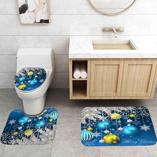 Miniatura 5 de Camille&Andrew - Juego de 4 cortinas de ducha con diseño de Feliz Navidad, bolas de Navidad amarillas y azules, ramas de pino plateado, decoración