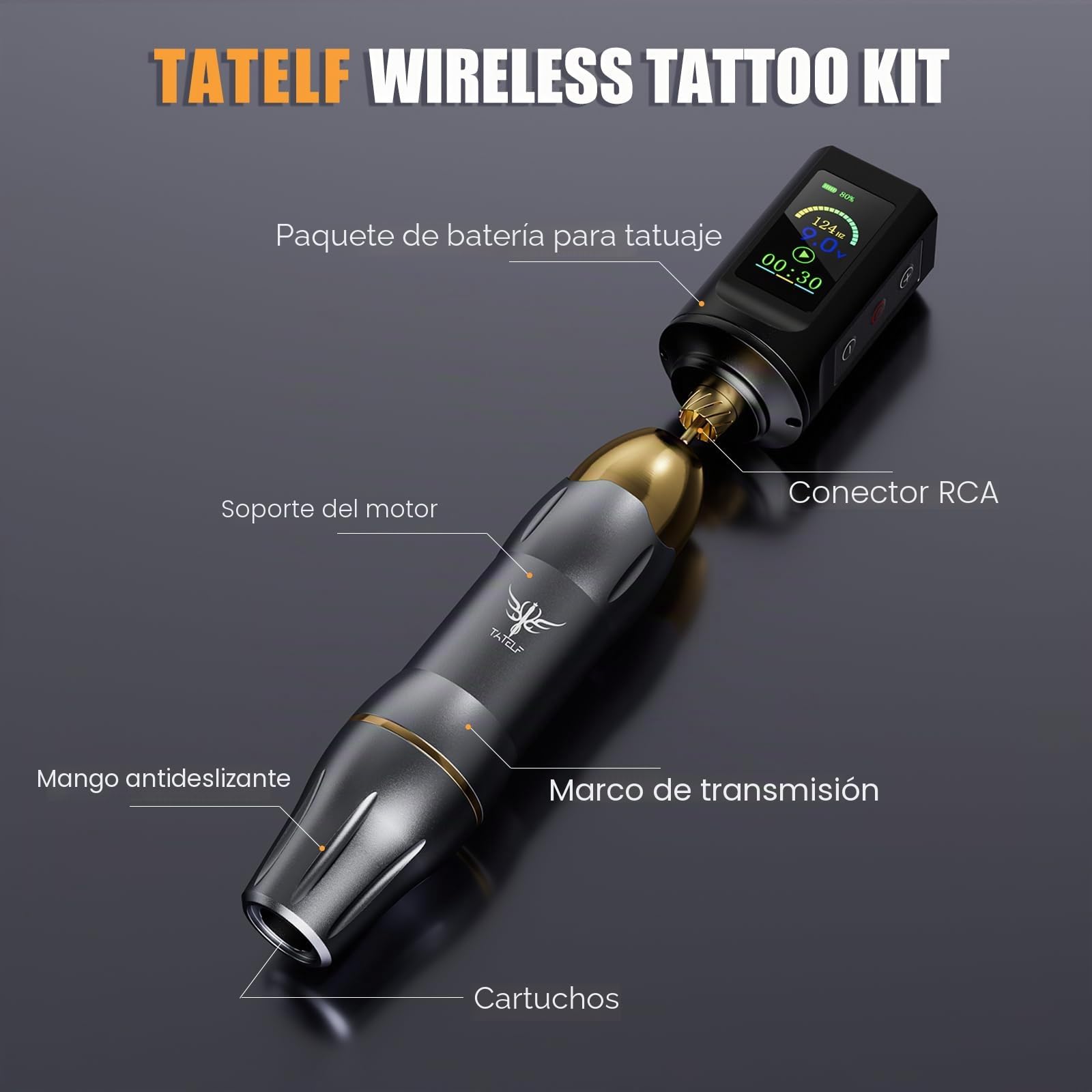 TATELF Juego completo de máquina de bolígrafo inalámbrico giratorio con batería RCA de 1900 mAh, 20 cartuchos de agujas, 10 unidades, accesorios completos para principiantes artistas