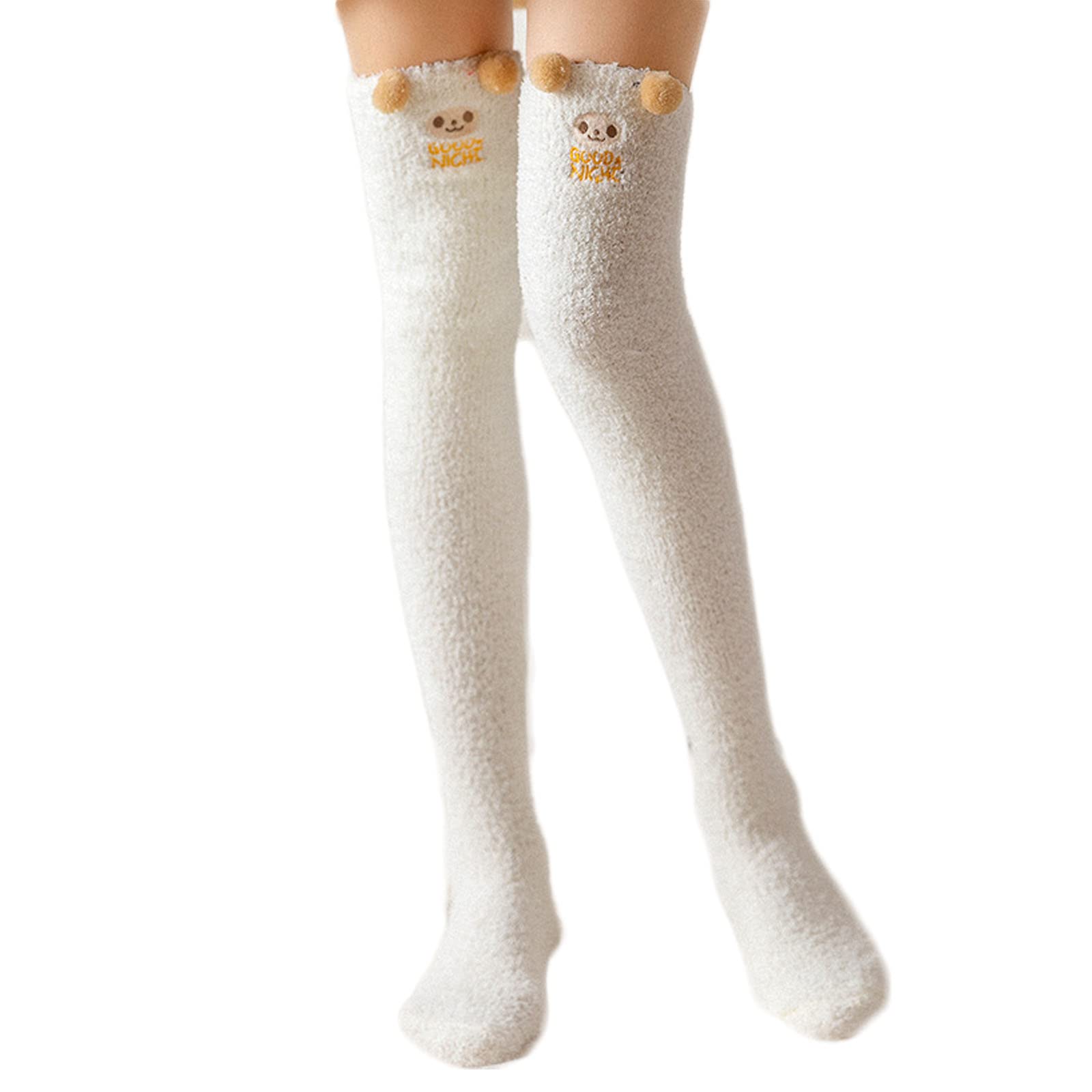 Berun 2 Pairs Fluffy Thigh High Socks, Women Girls Knee High Socks Coral Fleece Warm Soft Over Knee Socks Cute Animal Long Socks for Winter